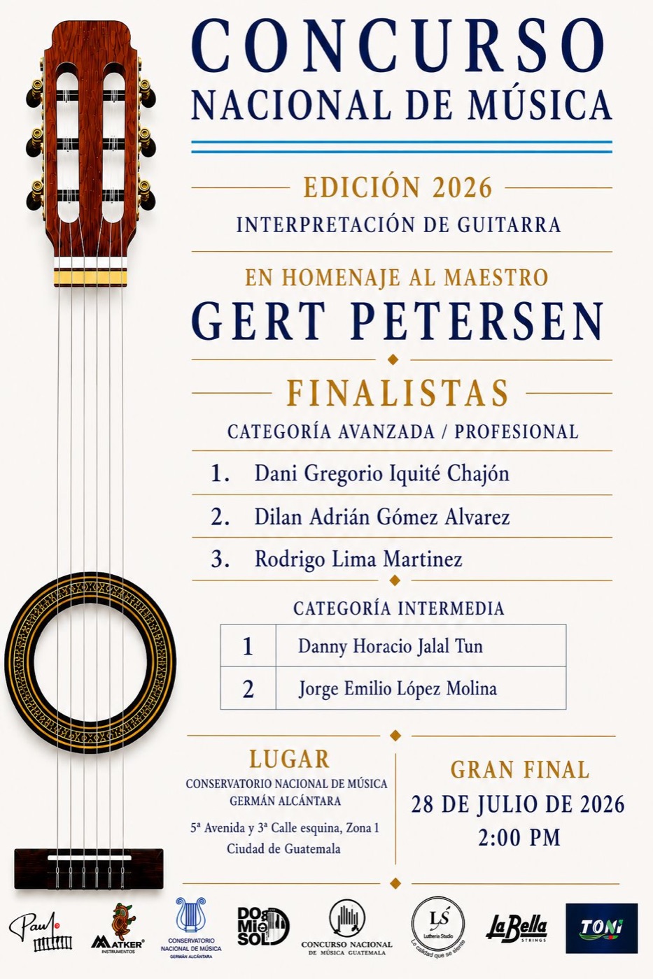 Plakat: Concurso Nacional de Música 2026, Interpretación de Guitarra, Homenaje a Gert Petersen – Gran Final, Conservatorio Nacional de Música Germán Alcántara, 28. Juli 2026, 14:00