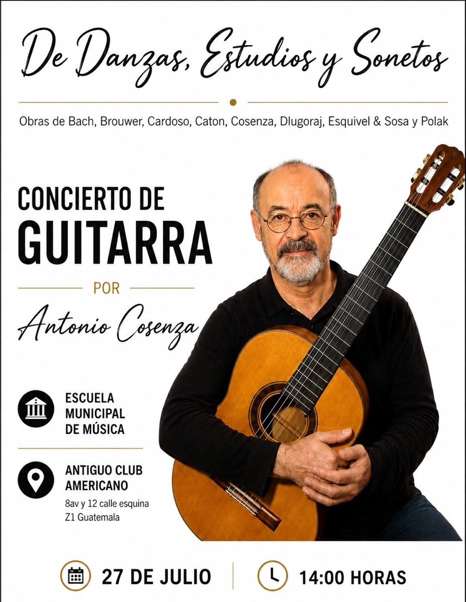 Konzertplakat: Concierto de Guitarra por Antonio Cosenza, Escuela Municipal de Música, Antiguo Club Americano, 27 de Julio, 14:00