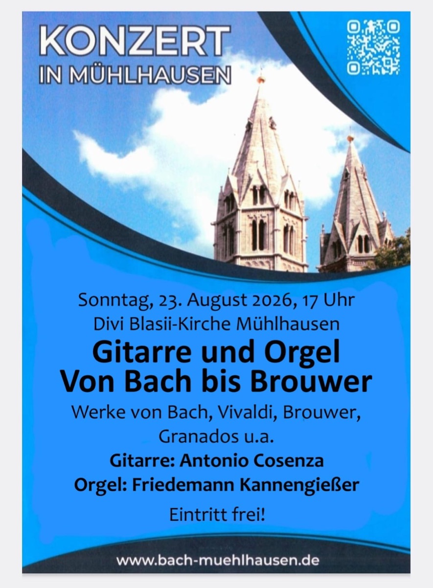 Konzertplakat: Gitarre und Orgel – Von Bach bis Brouwer, Divi-Blasii-Kirche Mühlhausen, 23. August 2026, 17 Uhr